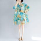 Set: Printed Long-sleeve Mini A-line Chiffon Dress + Camisole