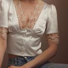 Short Sleeve Lace Panel V-neck Cropped Blouse
