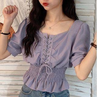Short-sleeve Shirred Lace-up Blouse