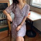 Floral Short-sleeve A-line Dress Purple - One Size