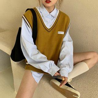 Striped Shirt / V-neck Contrast Trim Knit Vest
