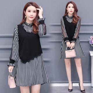 Long-sleeve Paneled Striped A-line Dress