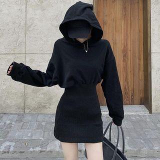 Long-sleeve Hoodie Dress Black - One Size