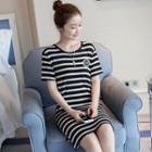 Letter Embroidered Striped Short Sleeve T-shirt Dress