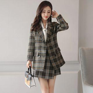 Set: Double-buttoned Plaid Blazer + Skort