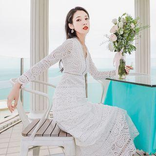 Lace Long-sleeve Midi A-line Tiered Dress