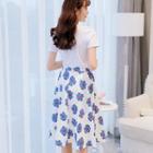 Set: Lettering Short Sleeve T-shirt + Floral Print A-line Skirt