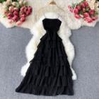 Chain Suspender Knit Panel Ruffle Dress