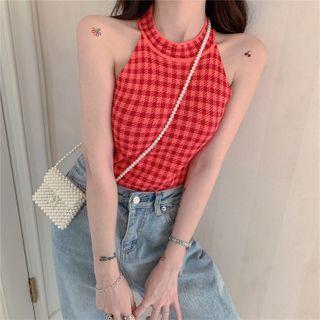 Plaid Halter Sleeveless Knit Top