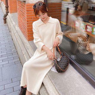 Plain Long-sleeve Midi A-line Knit Polo Dress