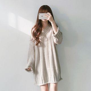 V-neck Plain Loose-fit Sweater Dress
