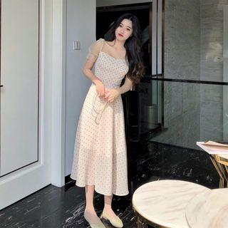 Panel Sleeve Sweetheart Patterned Midi Dress