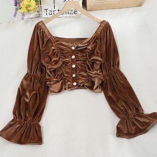 Long-sleeve Crinkled Velvet Blouse