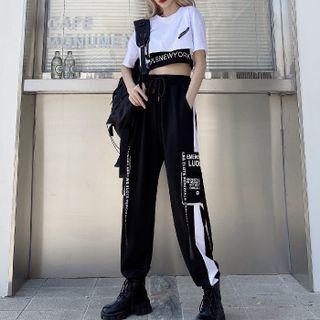 Lettering Crop Tank Top / Short-sleeve Cropped T-shirt / Cropped Harem Pants / Set