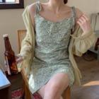 Set + Long-sleeve Shirt + Floral Spaghetti-strap Dress
