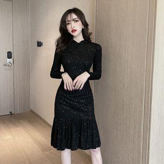 Glitter Ruffle Hem Long-sleeve Sheath Dress
