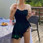 Set: Short-sleeve Lace Panel Swimsuit + Skirt