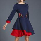 3/4-sleeve Two-tone Embroidered A-line Mini Dress