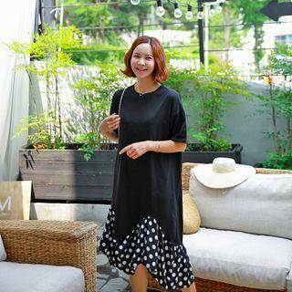 Polka-dot Ruffle-hem Dress Black - One Size
