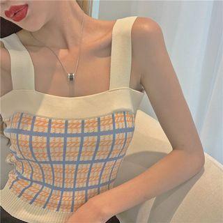 Plaid Sleeveless Knit Top / Plain Short-sleeve T-shirt / Slim-fit Skirt