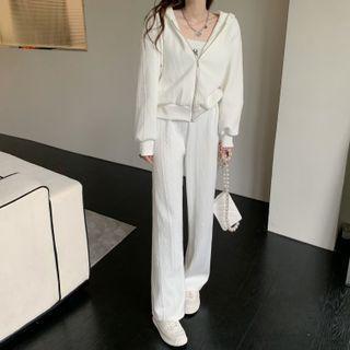 Fluffy Trim Hooded Zip-up Jacket / Wide Leg Pants / Set