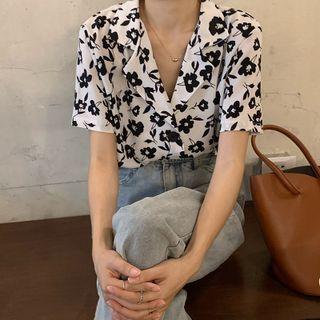 Short-sleeve Floral Print Shirt Black & White - One Size