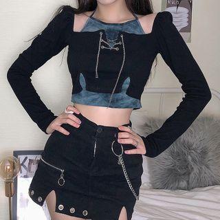 Cold-shoulder Tie-dyed Layered Cropped T-shirt