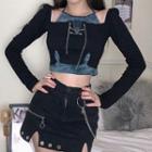 Cold-shoulder Tie-dyed Layered Cropped T-shirt