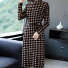 Mock-neck Houndstooth Knit Midi Sheath Dress