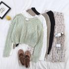 Plain V-neck Cable-knit Long-sleeve Top