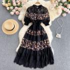 Color Block Panel Lace Puff-sleeve Dress