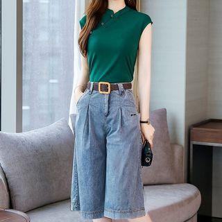 Set: Plain Cap-sleeve Hanfu Blouse + Denim Wide-leg Shorts