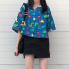 Cartoon Print Elbow-sleeve Shirt Blue - One Size