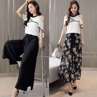 Set: Cold-shoulder Contrast Trim Top + Wide-leg Pants