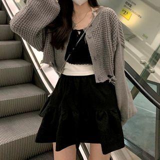 Mock Two Piece Long-sleeve T-shirt / Plain Cropped Cardigan / Plain A-line Ruffle Trim Skirt