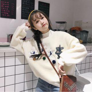 Mock Turtleneck Rabbit Embroidered Pullover White - One Size