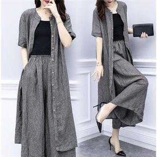 Set: Elbow-sleeve Long Shirt + Crop Wide Leg Pants
