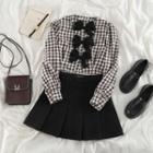 Long-sleeve Check Bow Front Blouse / Pleated Mini A-line Skirt