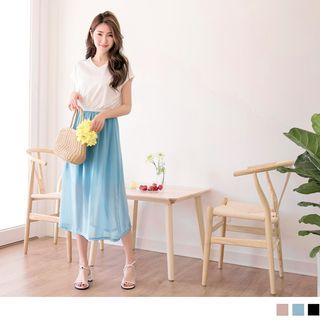 Cap Sleeve V-neck Two Tone Gather Waist Dress