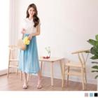 Cap Sleeve V-neck Two Tone Gather Waist Dress