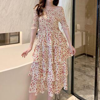Heart Print Off-shoulder Tiered A-line Dress Floral - One Size