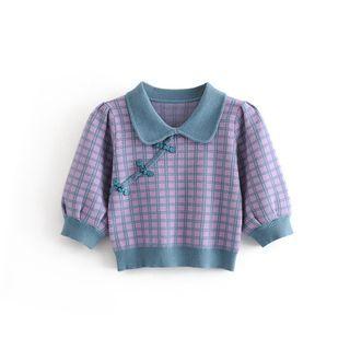 Plaid Frog-button Puff-sleeve Cropped Sweater