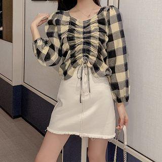 3/4-sleeve Plaid Drawstring Top
