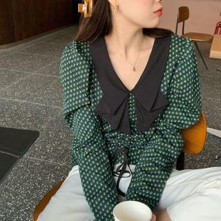 Contrast Collar Floral Drawstring Blouse