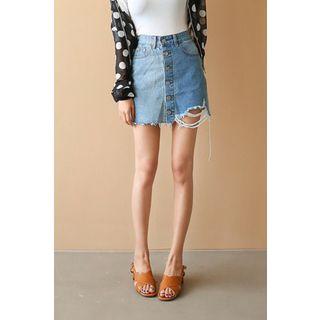 Color-block Button-detail Denim Skirt