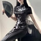 Short-sleeve Dragon Print Midi Qipao Dress