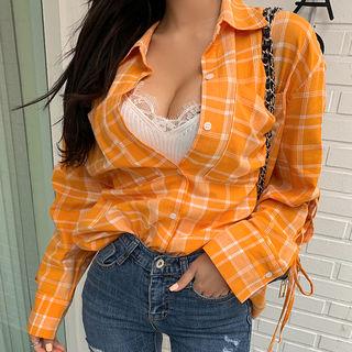 Lace-sleeve Checked Shirt