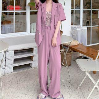 Elbow-sleeve Double Breasted Blazer / Wide-leg Pants / Spaghetti Strap Floral Print Top