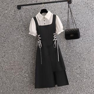 Puff-sleeve Mock Two-piece Lace-up Midi A-line Dress