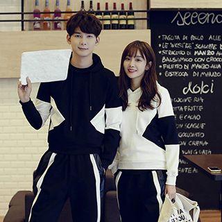 Couple Matching Color Block Drawstring Hoodie